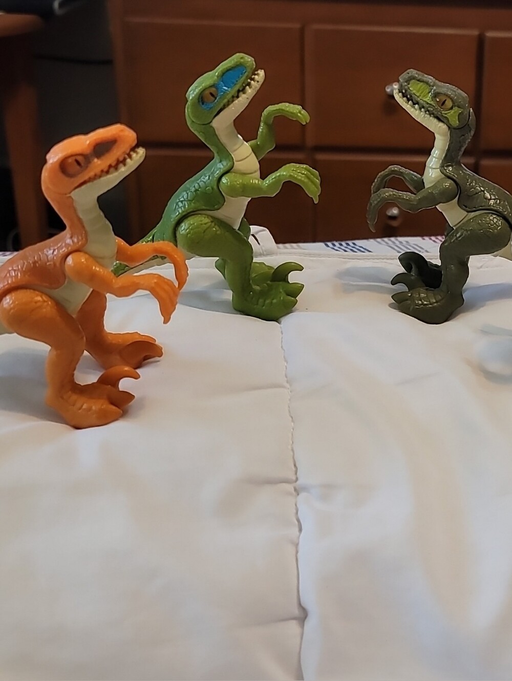 Set of 4 Toy Velociraptor Figures,Orange,Green, Olive,White Jurassic Dinosaurs
